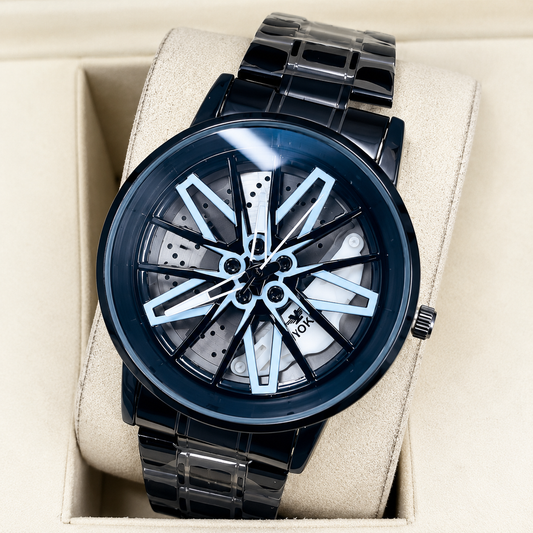 Men’s Luxury Sports Analog Watch – Stylish Wheel Design Metal Strap Wristwatch