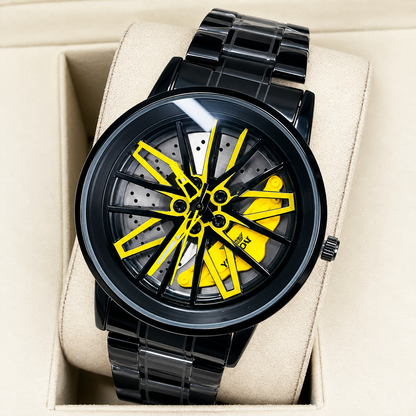 Men’s Luxury Sports Analog Watch – Stylish Wheel Design Metal Strap Wristwatch
