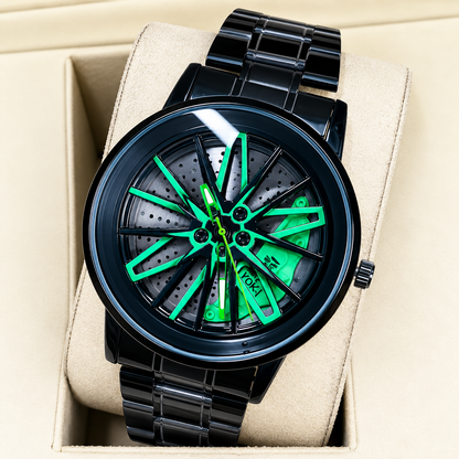 Men’s Luxury Sports Analog Watch – Stylish Wheel Design Metal Strap Wristwatch