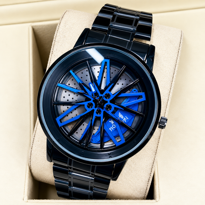 Men’s Luxury Sports Analog Watch – Stylish Wheel Design Metal Strap Wristwatch