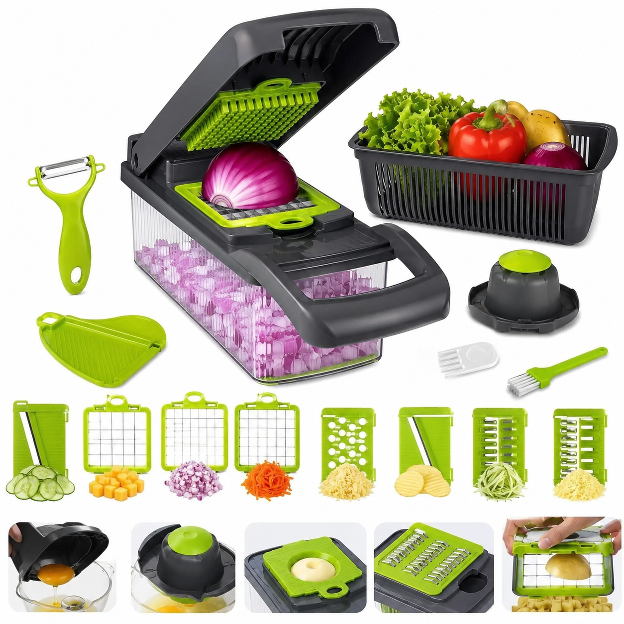 16-In-1 Multifunction Vegetable Chopper & Slicer | Manual Food Cutter With Colander & Storage Container