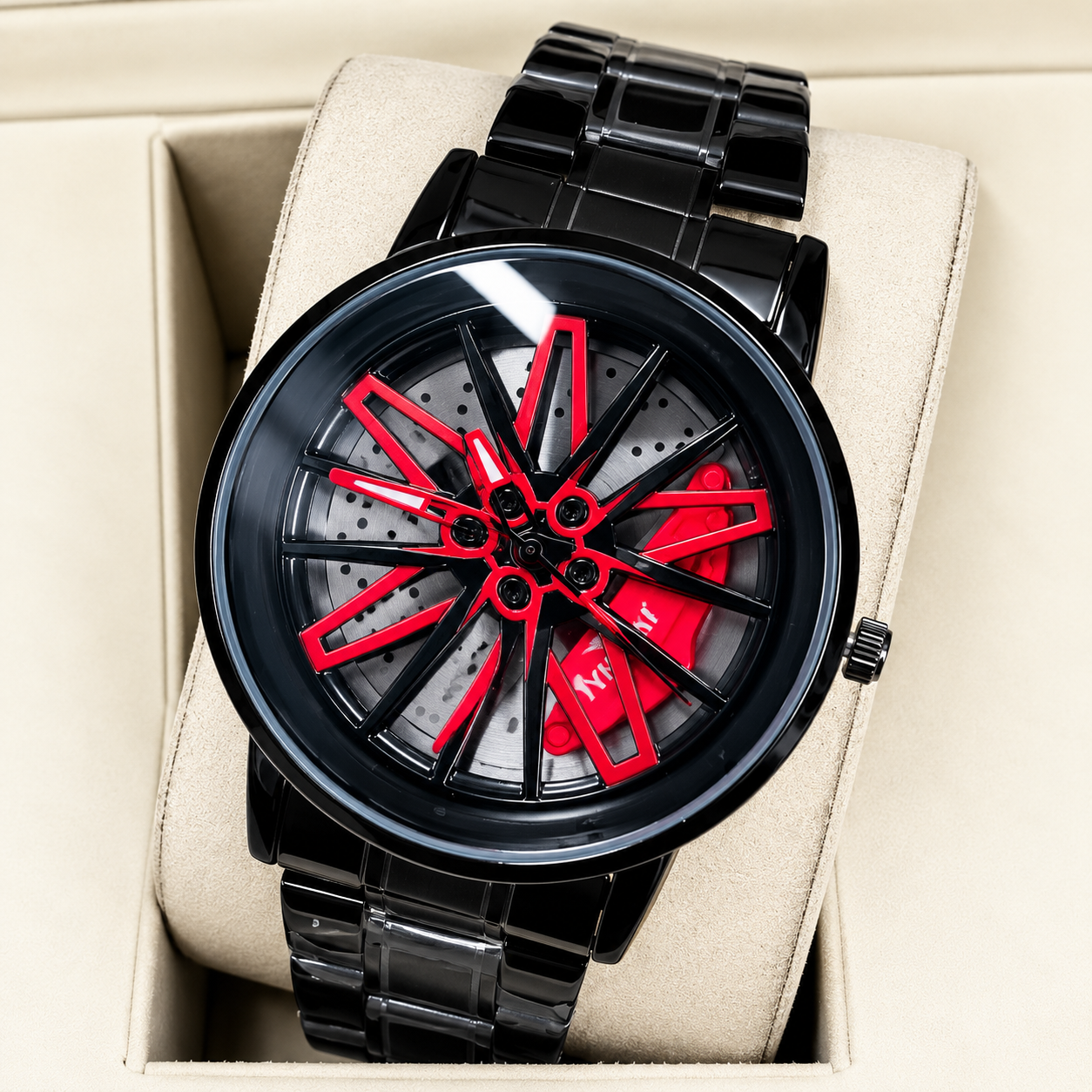 Men’s Luxury Sports Analog Watch – Stylish Wheel Design Metal Strap Wristwatch