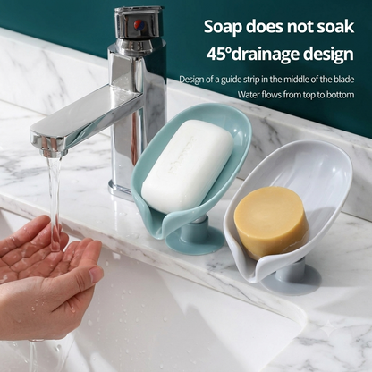 Leaf Shape Self Draining Soap Holder | Suction Cup Soap Dish For Bathroom & Kitchen | 45° Quick Drain Soap Stand