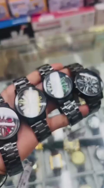 Men’s Luxury Sports Analog Watch – Stylish Wheel Design Metal Strap Wristwatch